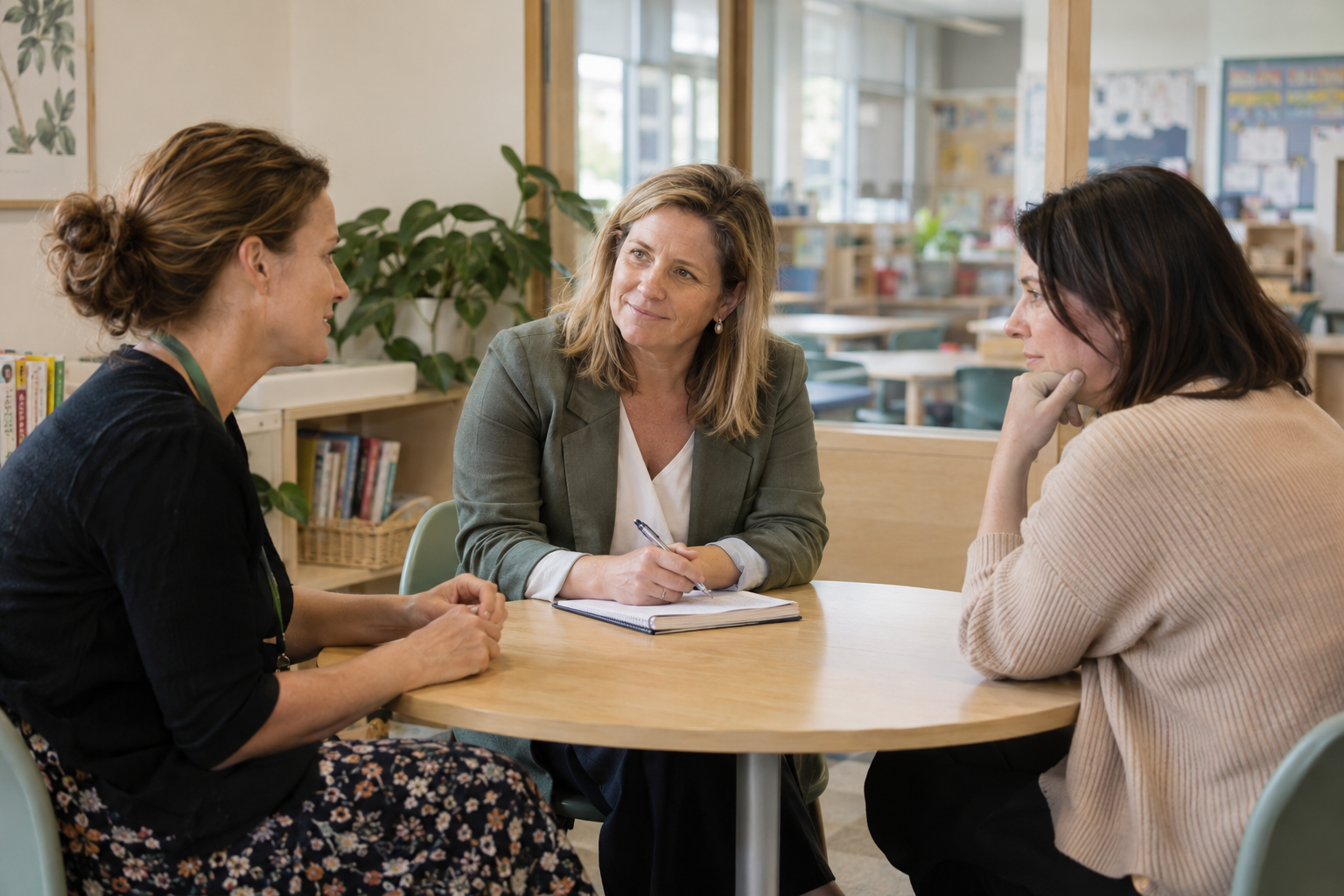 Parent and school staff in a round table discussion